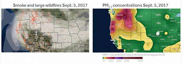 Two graphs showing satellite images of wildfire smoke across the United States.