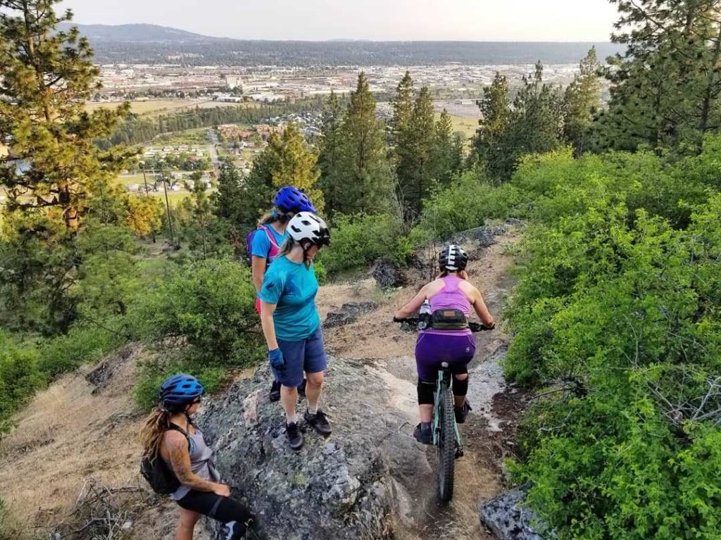 A group of people biking on a mountain side.