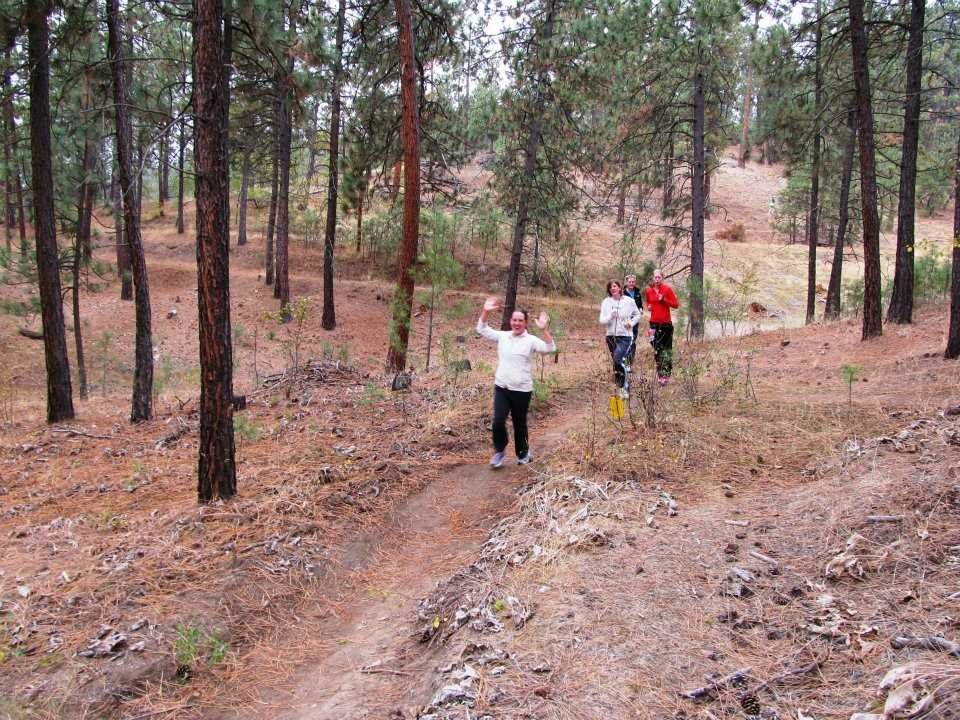 People running on a forest trail.