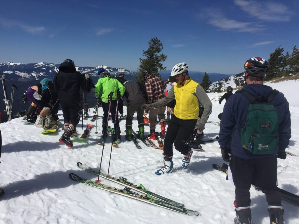 Skiers getting ready for the ski portion of the Leadman Triathlon at Silver Mountain.