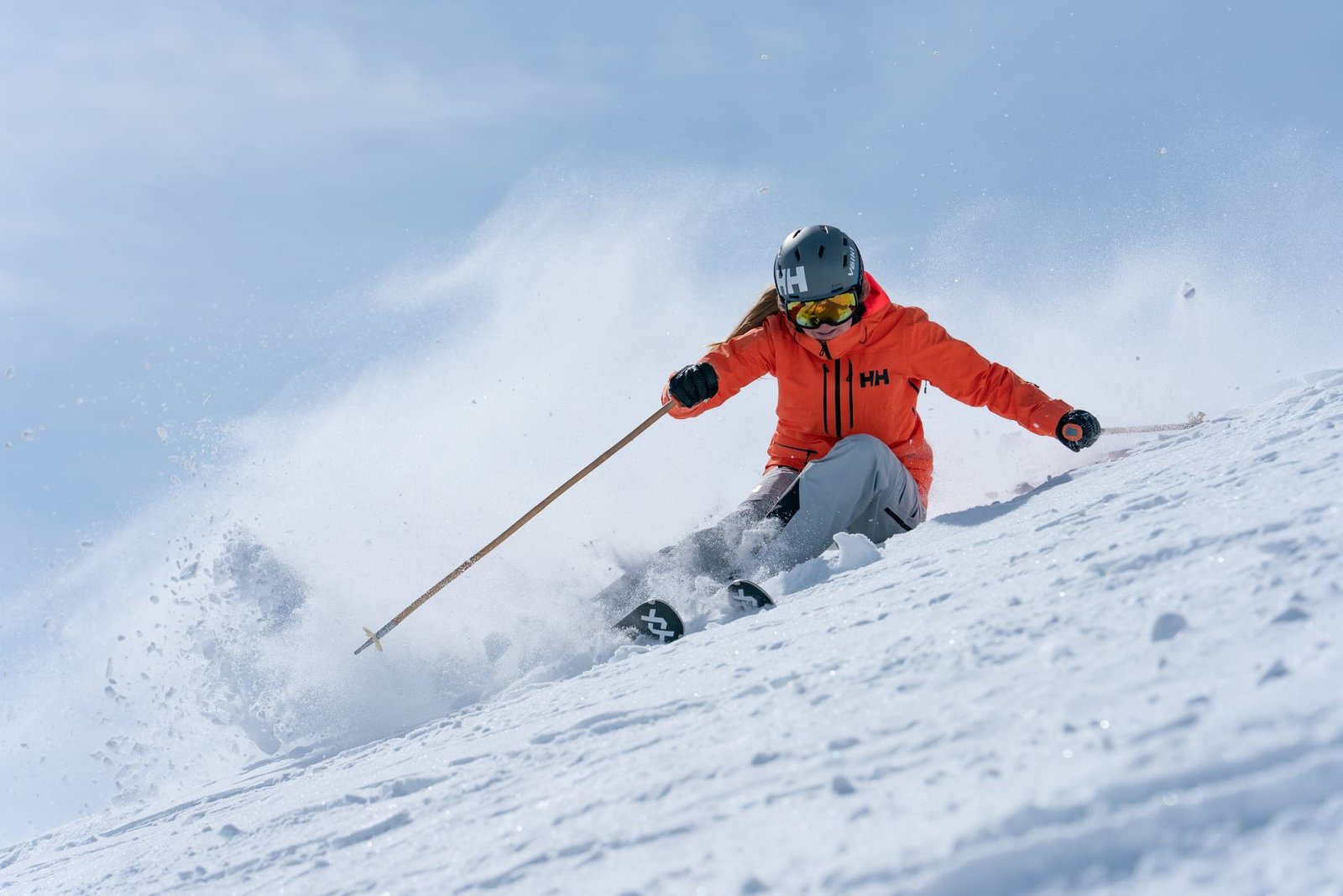 Kaylin Richardson skiing a steep turn at Sun Valley