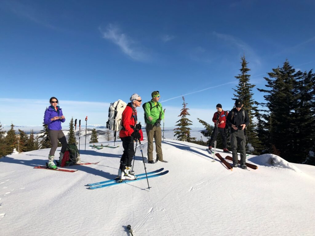 Adults in a Nordic ski lesson during Winterfest 2020.
