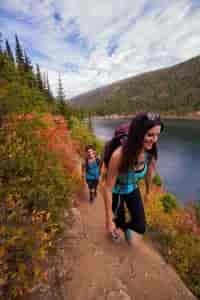 Hiking along the shore of Stevens Lake. Photo: Skye Schillhammer