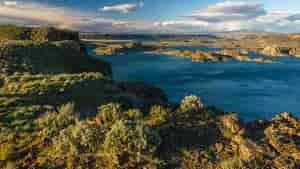 Aerial view of the Steamboat Rock State Park in Central Washington, with sagebrush and desert landscape.