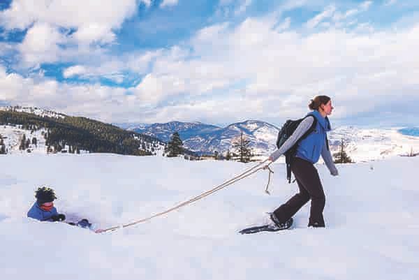 Photo of skier pulling child in snow tube.