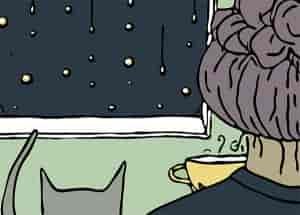Illustration of a woman drinking tea, with a cat beside her, looking out a window at the dark sky.