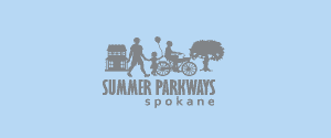 Graphic design that says "Summer Parkways Spokane" featuring people walking and bike-riding.