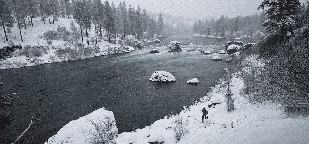 Photo of runner along the banks of the Spokane River.