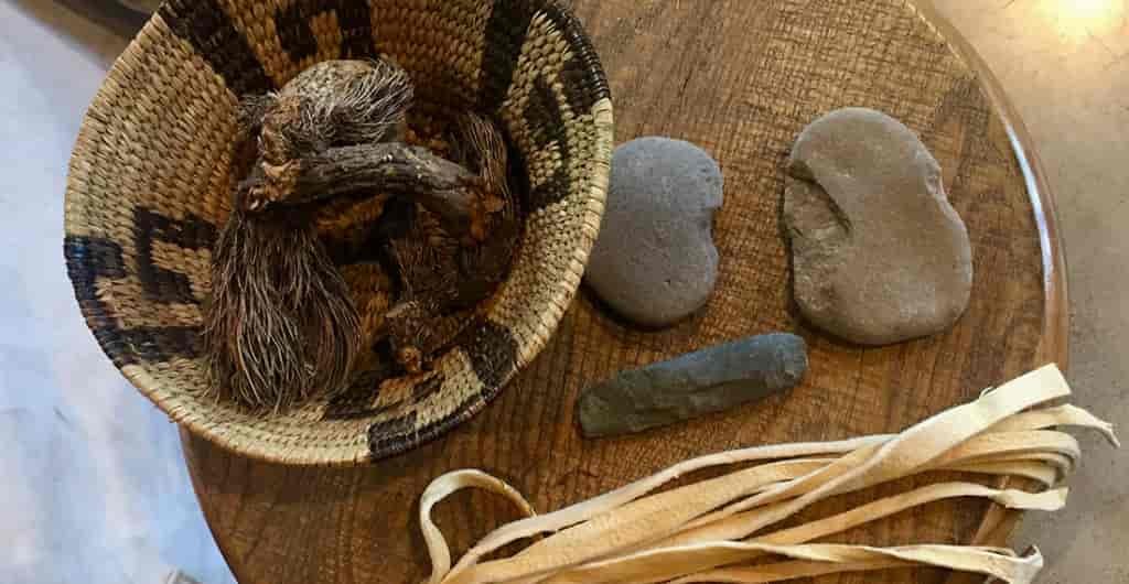 Photo of tule basket and weaving supplies.