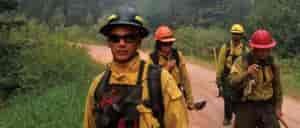 Photo of firefighters walking on dirt path in front of a fire.