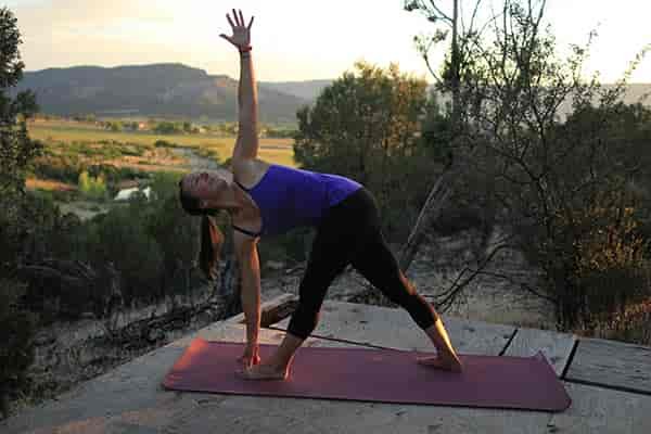 Photo of author in revolved triangle pose.