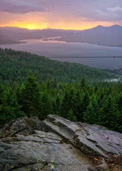 Photo of rock outcropping overlooking valley of evergreen trees at sunrise.