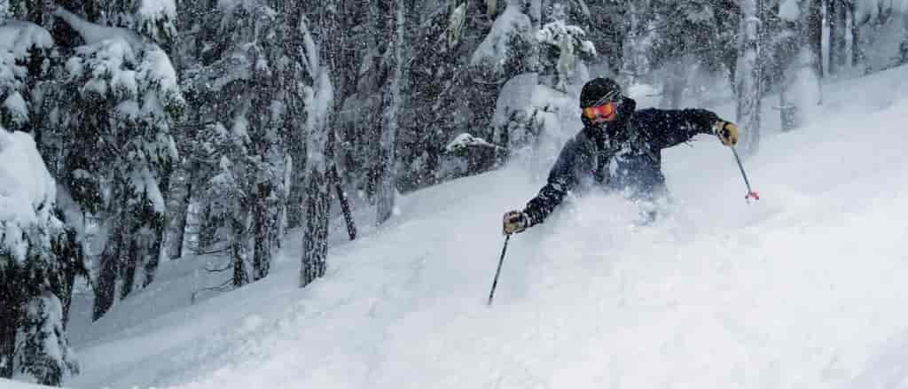 Photo of Bill Fuzak skiing powder.