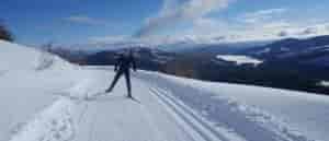 Photo of a man cross-country skiing with mountain peak in background.