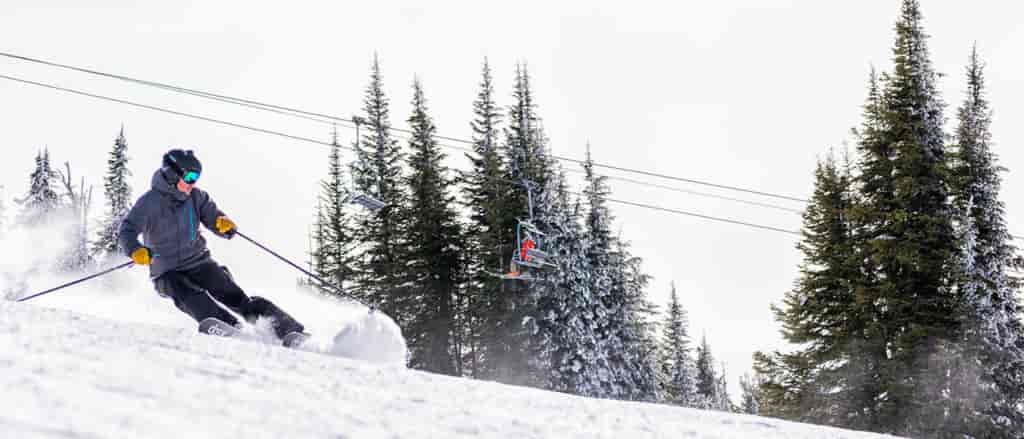 Photo of skier spraying snow.