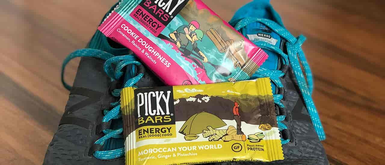 Photo of PICKY bars and running shoes.