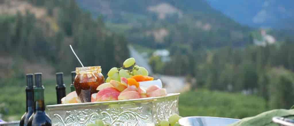 Photo of wine and fruit spread.