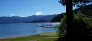 Scenic view of Priest Lake at Hill's Resort, with the resort docks and flat water.