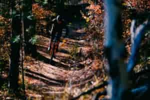 Mountain biker riding down a dirt singletrack with fall-colored trees alongside the trail.