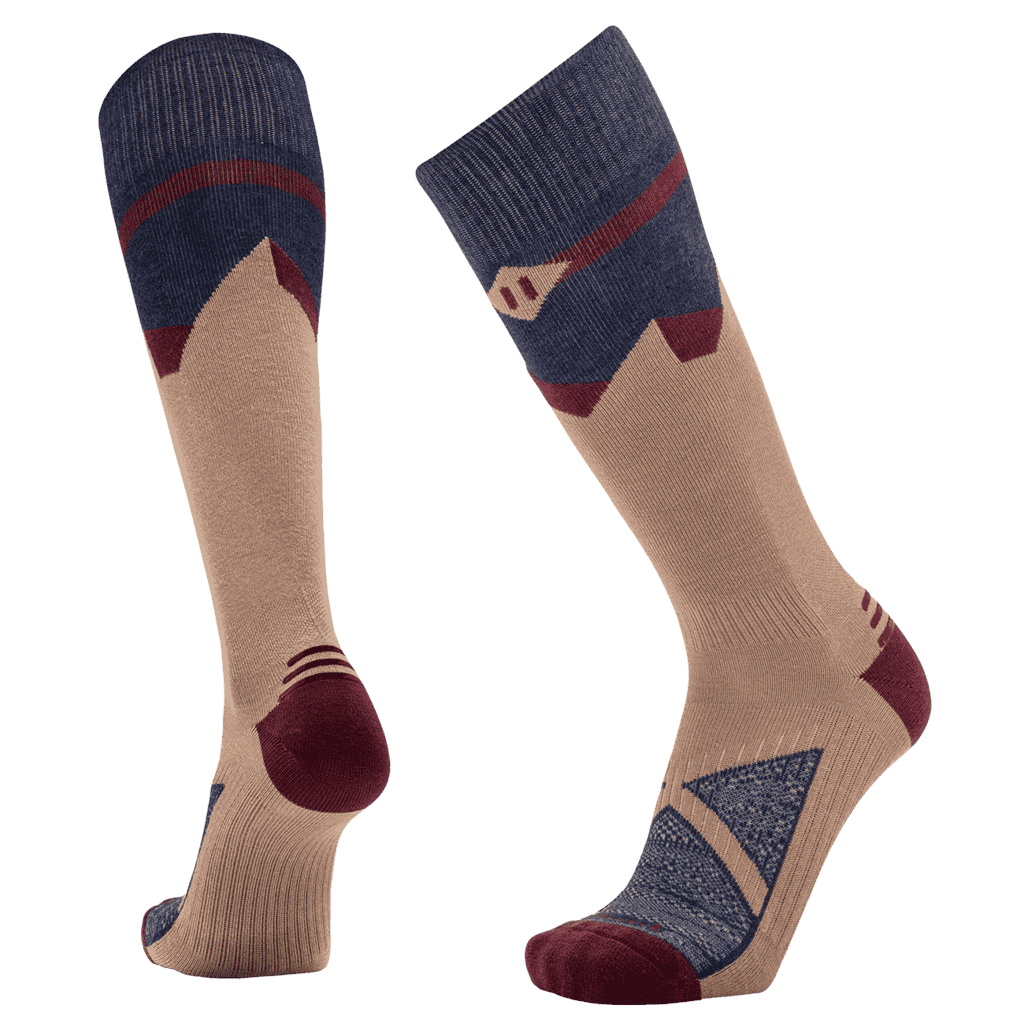 Navy, burgundy and tan long socks.