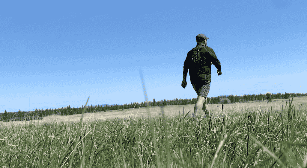 A man walking through a grass field.