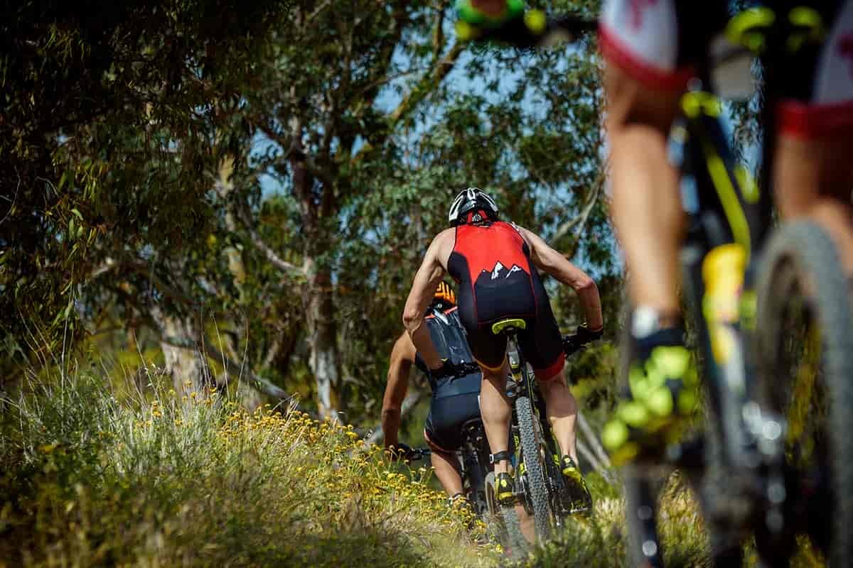 A group of biking riding on a mountain trail.