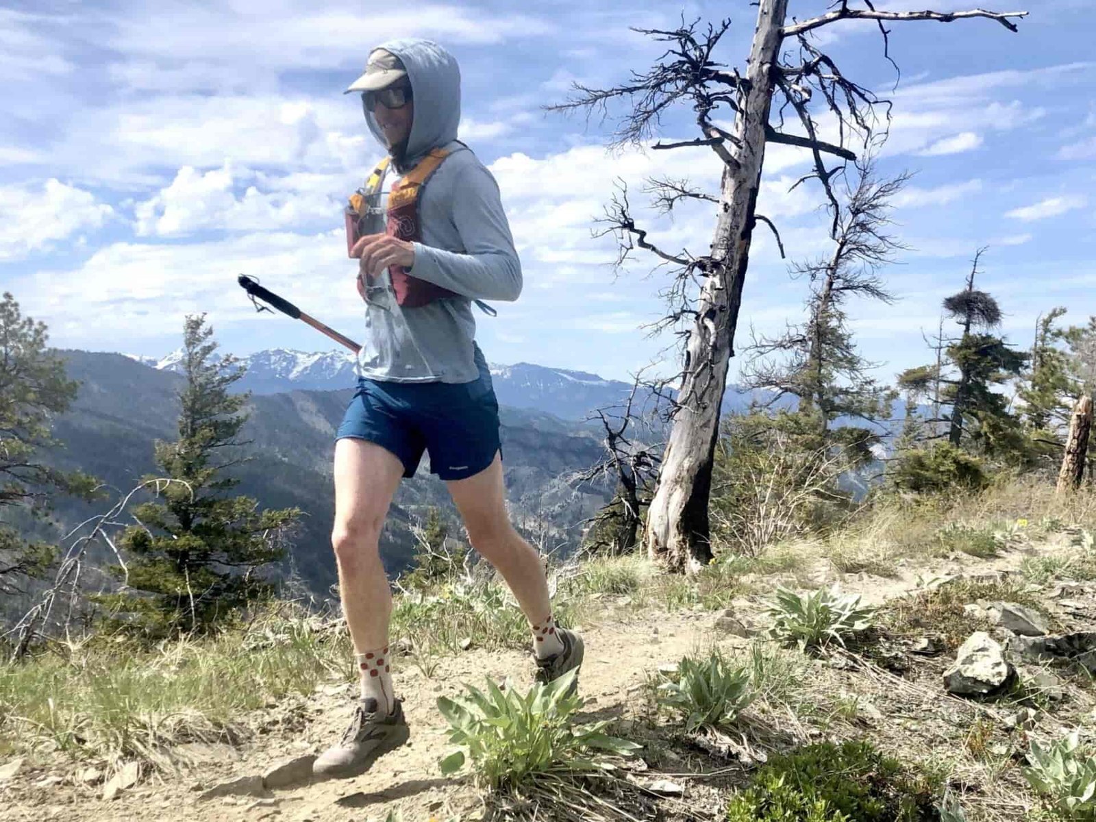 A person running on a mountain trail.