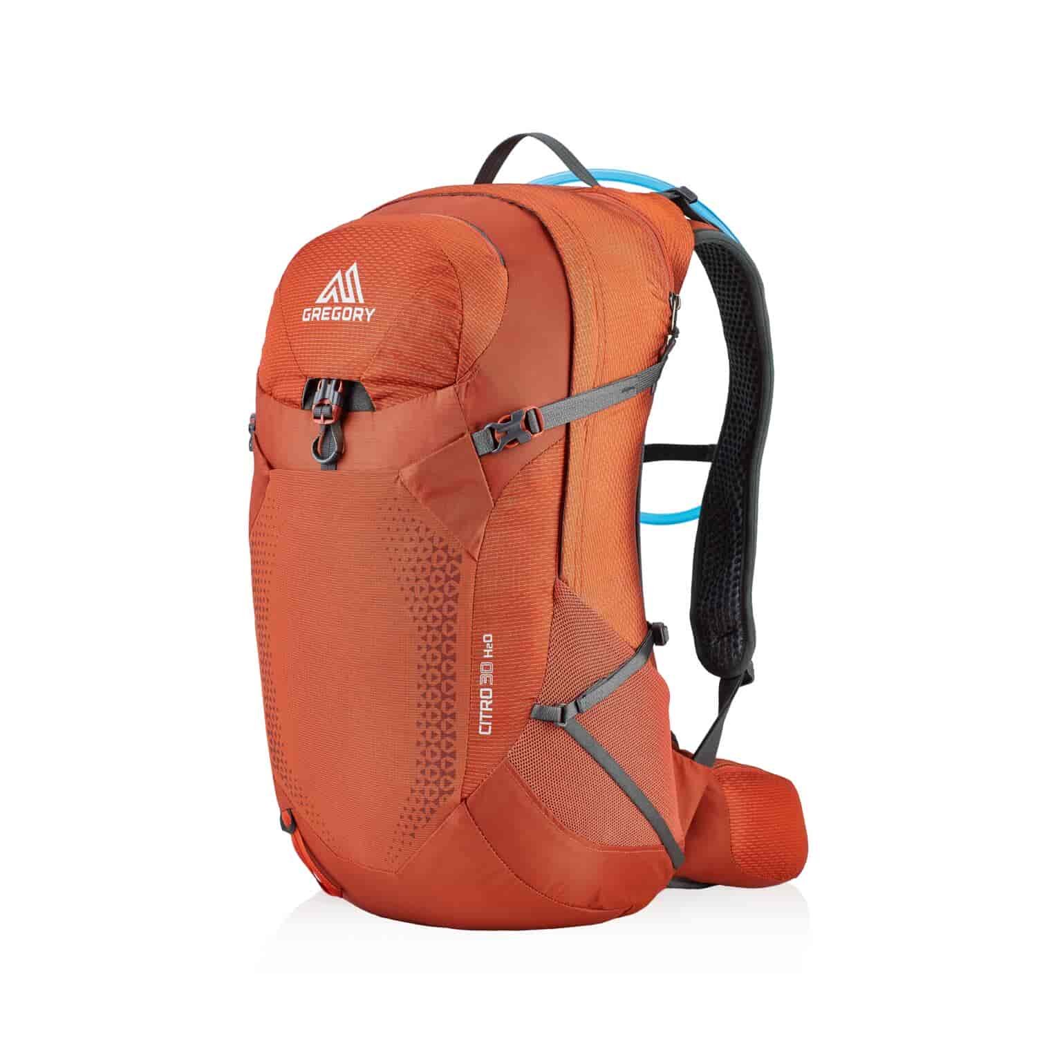 Orange backpack with grey straps.