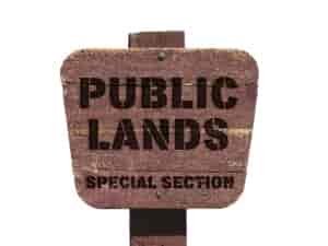 Wooden sign saying "Public Lands special section."