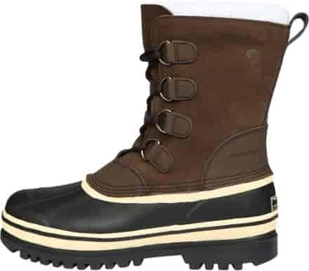 Men's snow, mid-calf boots with leather-nylon upper, rubber shell, and gusseted tongue.