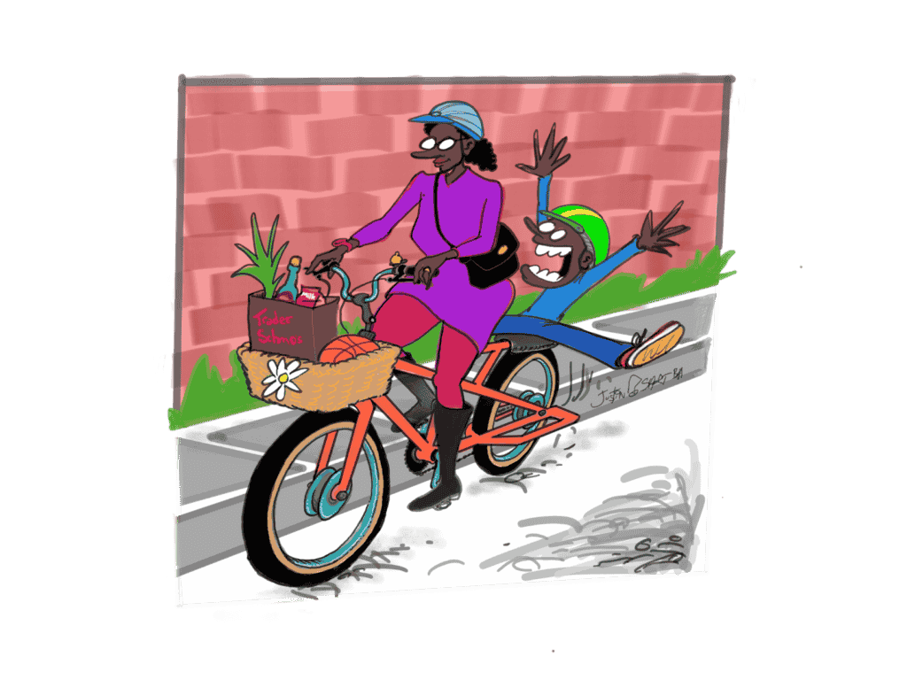 Illustration of a mom biking with a child sitting behind her, arms outstretched and having fun.