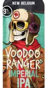 Beer can label for Voodoo Ranger Imperial IPA, featuring a skeleton wearing a bomber hat and jacket with red scarf.