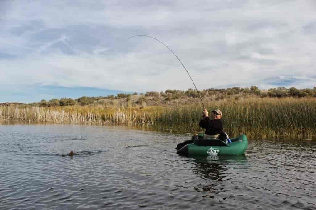Flyfishing from float tube on the Columbia River at the Columbia National Wildlife Refuge.