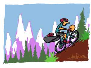 Illustration of a mountainn biker grinding up a mountain.