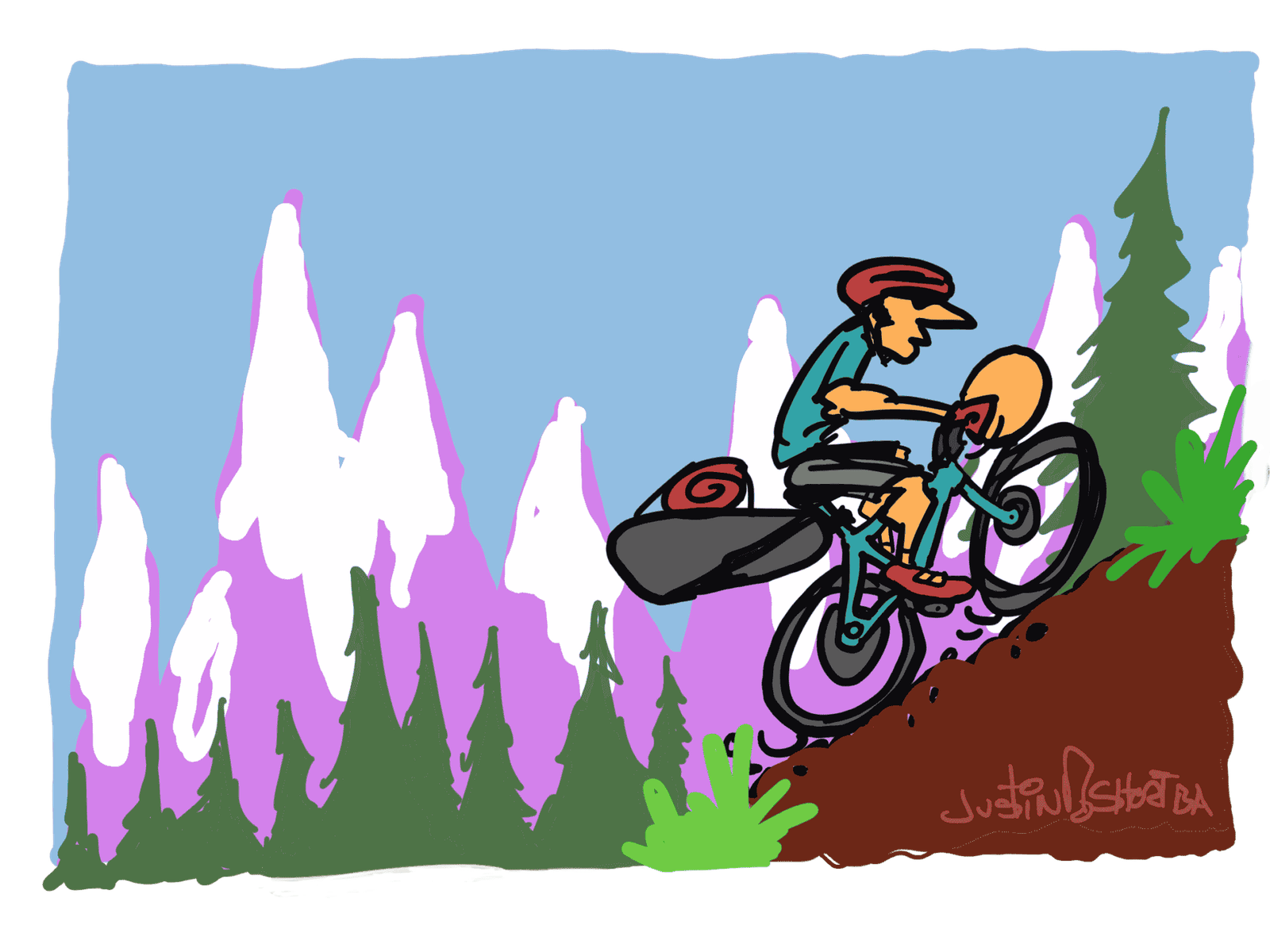Illustration of a mountainn biker grinding up a mountain.