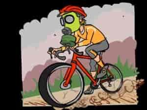 Illustration of a cyclist riding with a gas mask on his face to protect from wildfire smoke.