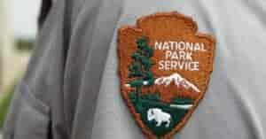 National Park Service patch, brown with green pine tree and snowy mountain peak, on the sleeve of a park ranger.