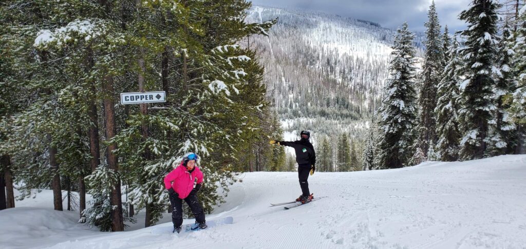 Mother and son, Cindy and Levi Dilg of Spokane, on the ski mountain. together.