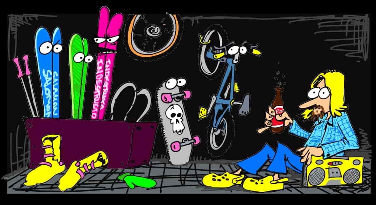 Illustration of skis with eyes and mouths, in a storage box, talking to each other, while a guy looks on with a surprised look and a beer can in his hand.