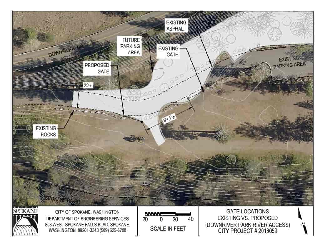 Aerial view of river access parking area and proposed changes with new gate and parking area.