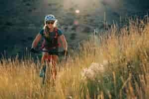 Rider Kelsey Webster on the Watchmen Trail in the Boise Foothills Trail System, which wind some 200 miles into the gullies and grasslands north of town.