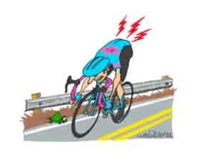 Illustration of a man cycling on a speedy road bike with 3 red lightening bolts pointing to his rear-end indicating pain.