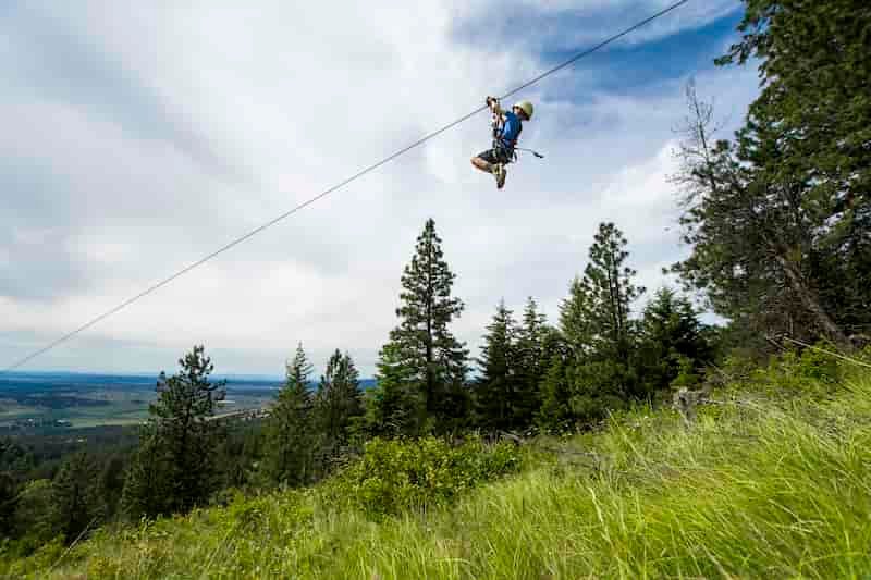 Child ziplining down a cable, smiling at the camera, over a grassy hillside with pine trees in the background.