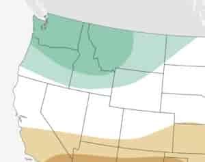 Data map of the western U.S, with color-coded areas indicating areas of normal and above average snowfall for winter 2022-2023. // Image courtesy of NOAA.com.