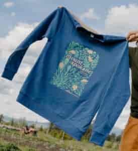 Wildland Cooperative native plant sweatshirt, "Plants of Mount Spokane" design, available at the Wildland Cooperative market at Green Bluff near Spokane, or at wildlandcoop.com.