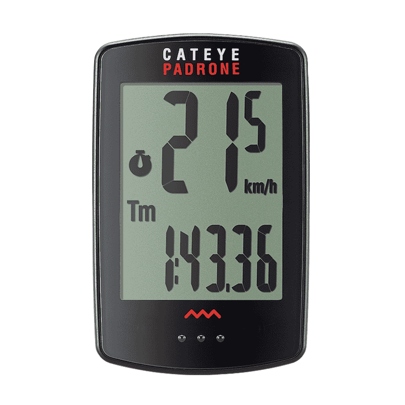 Cateye Padrone Bike Computer - glack with screen and digital numbers.