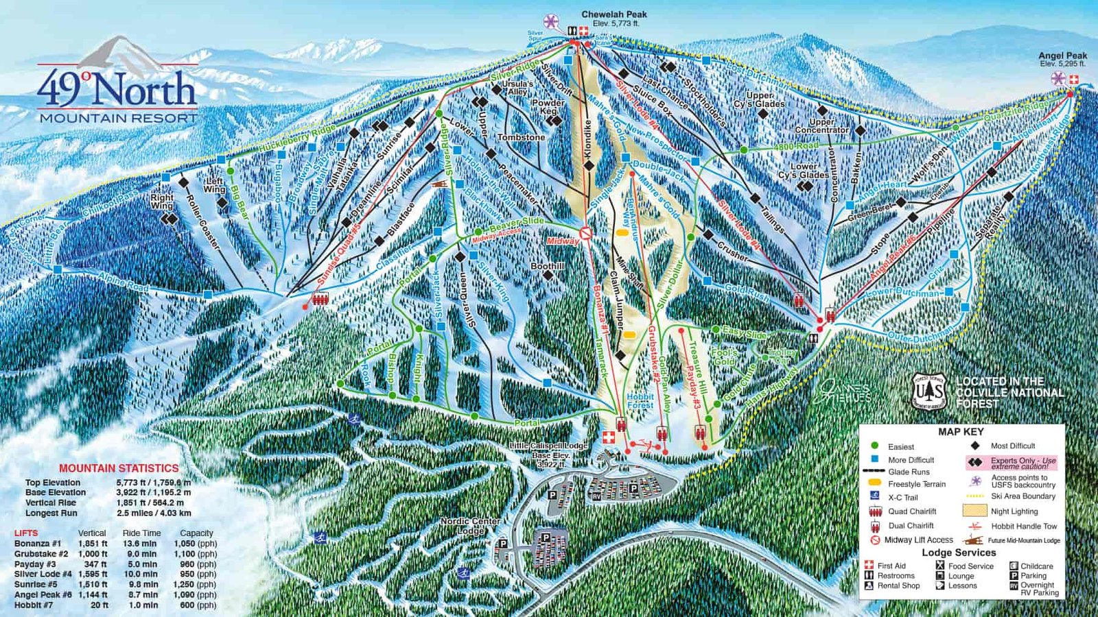 Trail map of ski runs at 49 Degrees North.